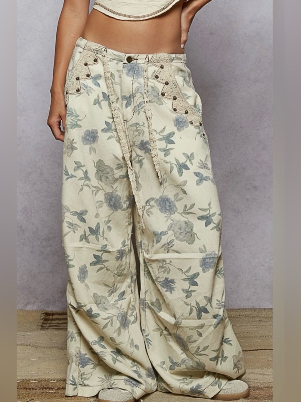 POL Dart Floral Twill Wide-Leg Pants Crochet Drawstring Boho Cotton Size Large